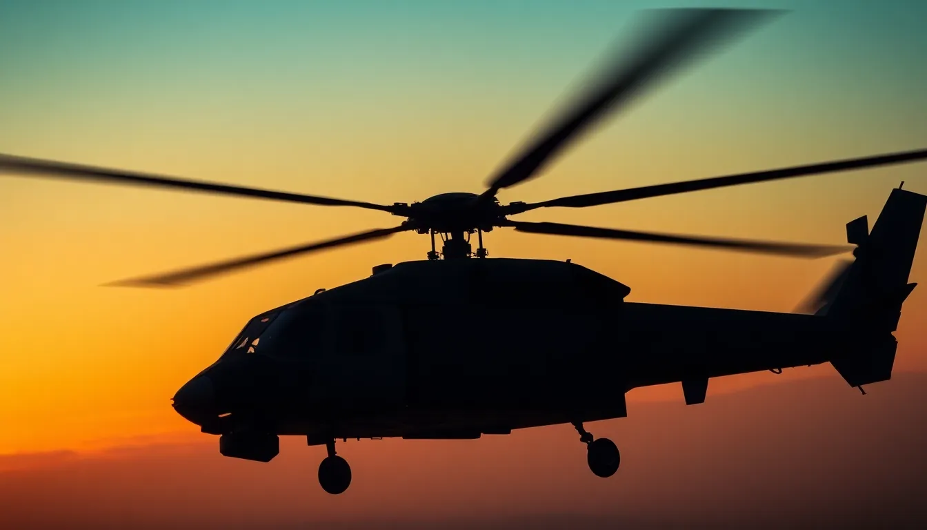 Military Helicopter Taking Off at Sunset