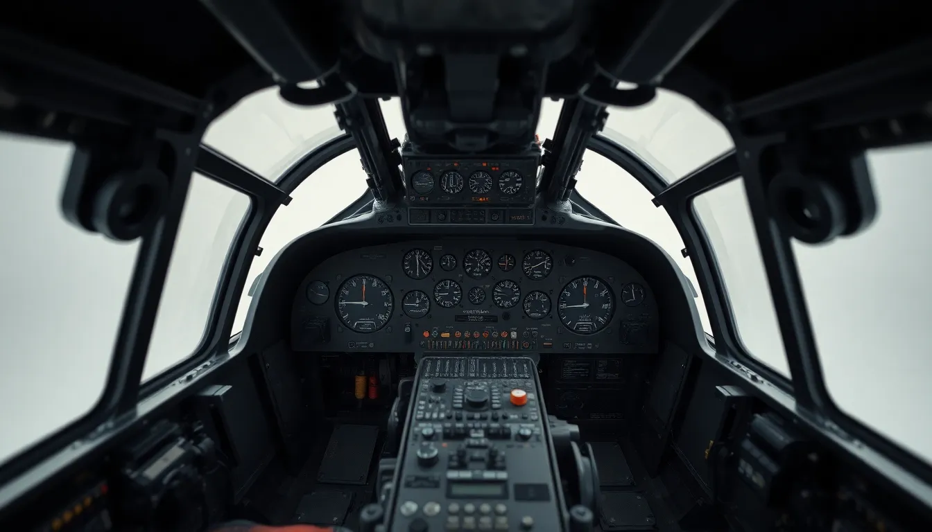 An intricate view of a military helicopter's cockpit, revealing a complex array of instruments and controls. Soft studio lighting highlights the detailed textures of the cockpit materials, providing a clear focus on the functionality of the aircraft. The muted color palette represents the utilitarian design of military aviation, while the slight tilt in composition adds a dynamic feel to the image, inviting viewers into the pilot's environment.