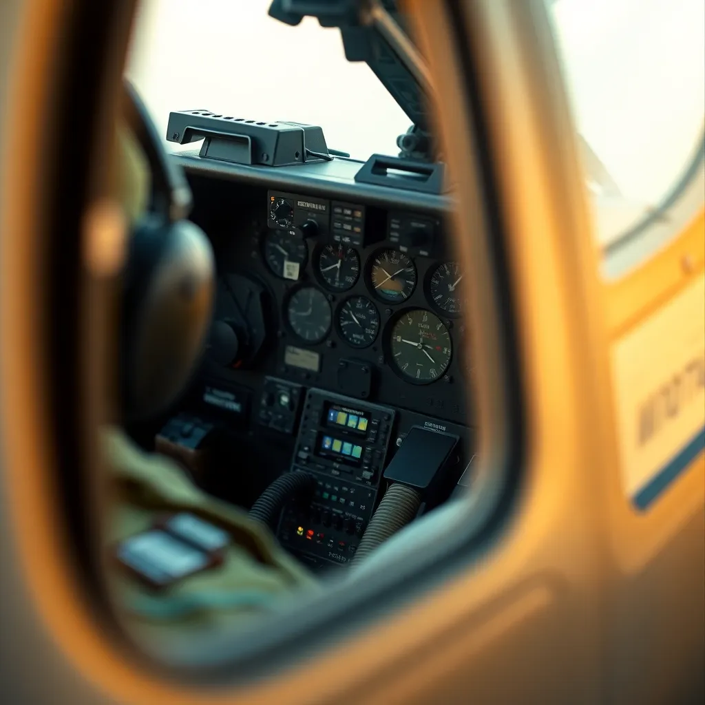 This close-up image reveals the intricate cockpit of a military helicopter, focusing on the meticulous controls and instruments. Soft studio lighting accentuates the textures and metallic finishes, while the creamy bokeh in the background ensures the cockpit details stand out. The warm tones and highlights reflect the high-quality craftsmanship and technology within the aircraft. This image conveys a sense of precision and readiness, making it ideal for aviation enthusiasts.