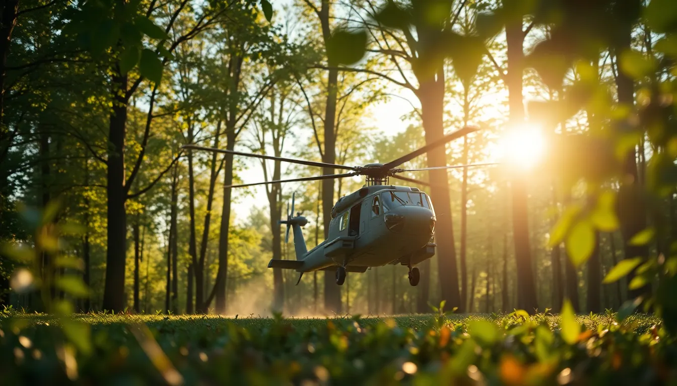 This dramatic capture depicts a military helicopter landing amid a forest clearing, illuminated by dappled sunlight. The sunlight filters through the trees, creating a magical atmosphere that contrasts the helicopter's ruggedness with the delicate foliage. The use of a Dutch angle adds an exciting dynamic to the composition, while the vibrant colors enhance the lively greens and rich browns of the scene. The texture details emphasize both the helicopter's exterior and the lush environment.