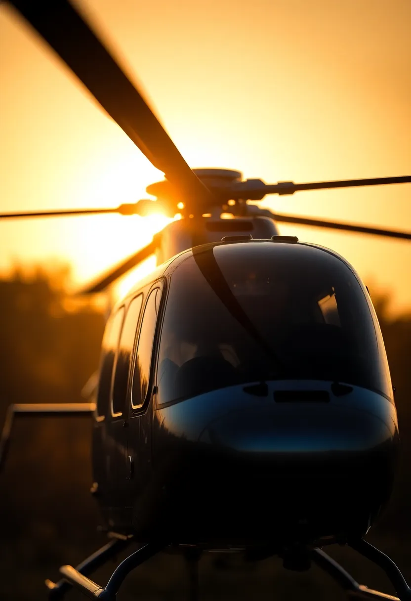 This captivating image showcases a military helicopter backlit by the golden hour sun, creating a stunning halo effect around its edges. The shallow depth of field draws attention to the intricate details of the helicopter, while the blurred silhouettes of nearby trees provide depth to the composition. The rich colors inspired by Fujifilm Velvia saturate the image, enhancing its metallic textures and making it a compelling representation of military aviation during a magical time of day.