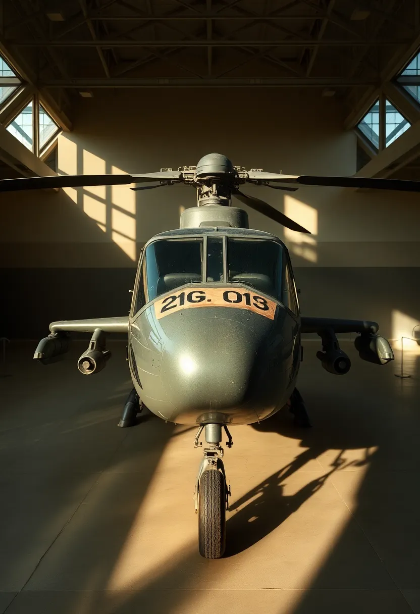 This captivating image showcases a vintage military helicopter on display in a museum, bathed in dramatic lighting that enhances its historical significance. The muted color palette conveys a sense of nostalgia, while the centered composition serves to emphasize the helicopter's prominent design. Sharp focus allows for detailed examination of the polished surfaces and age-related wear, revealing a story of the past. This image transports viewers to a time when helicopters were groundbreaking in the realm of aviation.