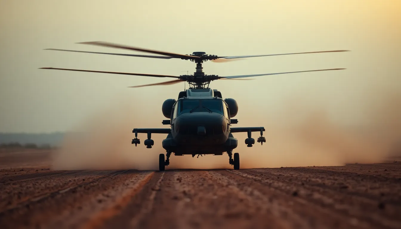 A military helicopter is showcased landing on a dusty battlefield at dawn, with warm, soft light illuminating the scene. The helicopter’s details are crisp, contrasted beautifully against the hazy, earthy tones of the ground. Dust particles hang in the air, catching the early light, which creates a dynamic atmosphere. The composition leads the viewer's eye through the image, effectively conveying the motion and gravity of military operations.