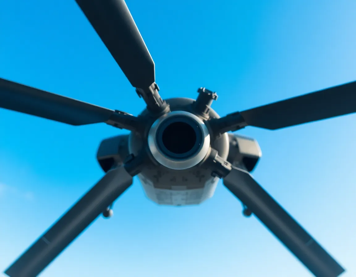 This intense close-up image reveals the rotor blades of a military helicopter, set against a dark and moody background. Dramatic lighting emphasizes the metallic textures and wear patterns, bringing the intricacies of the blades into sharp focus. A shallow depth of field isolates this engineering marvel, enhancing the image’s powerful mood. The dark, muted color palette, complemented by subtle metallic glints, adds to the gravity and seriousness of the subject.