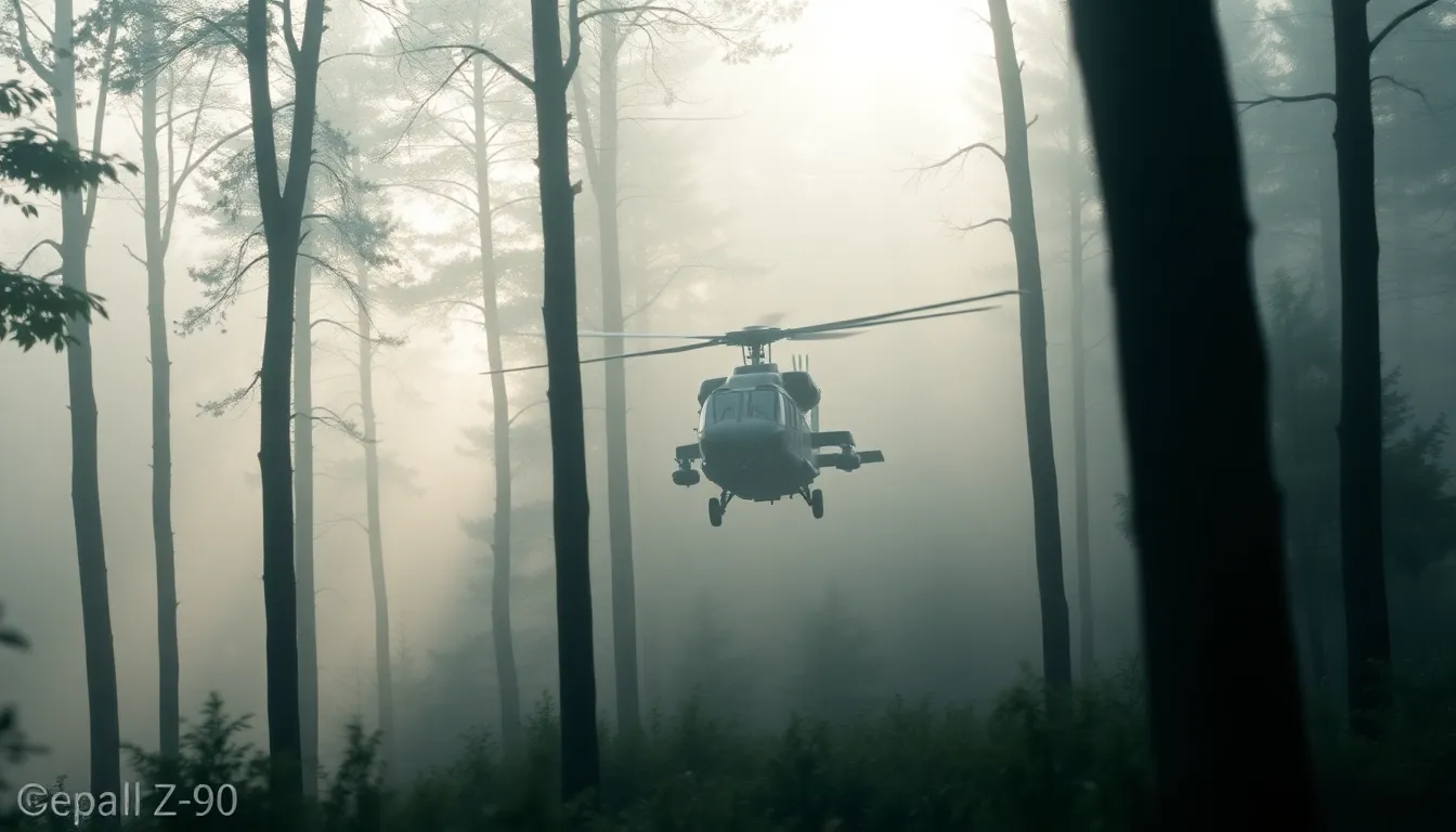 A military helicopter descends into a fog-laden forest, creating a dramatic scene filled with mystery and intrigue. The soft lighting enhances the atmosphere, with dappled sunlight filtering through the trees, casting enchanting shadows. The helicopter’s sleek design stands out against the muted greens and browns of the forest, drawing the viewer’s eye. The composition leverages leading lines created by tree trunks, which guide attention toward the helicopter, enhancing the sense of movement.