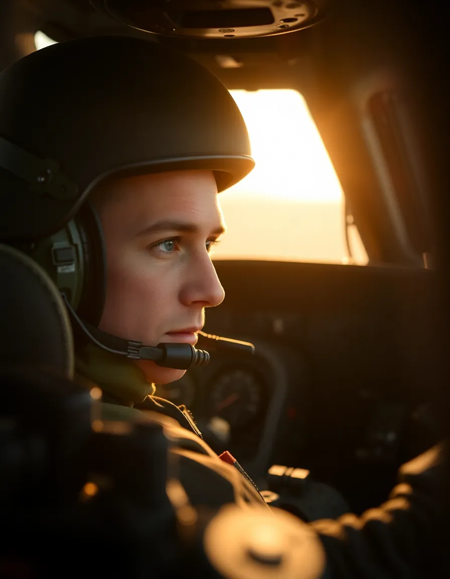 Close-Up of Military Helicopter Cockpit at Dawn This close-up shot captures the interior of a military helicopter's cockpit as dawn breaks, illuminating the pilot and the intricate controls. The warm light creates an engaging atmosphere, while the selective focus on the pilot's eyes draws the viewer into the moment. The textured surfaces of the cockpit contrast beautifully with the soft bokeh of instruments in the background. The warm color palette enhances the emotional resonance, portraying a sense of purpose and determination.