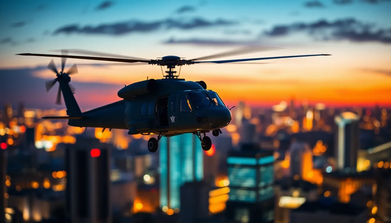 A dramatic image of a military helicopter hovering above a bustling urban skyline as twilight sets in. The vibrant city lights create a stunning backdrop, enhancing the contrast between the helicopter’s structure and the soft urban bokeh. Captured with a shallow depth of field, the focus is on the helicopter, while the cityscape elegantly blurs. This photorealistic portrayal embodies the fusion of military strength and urban life.