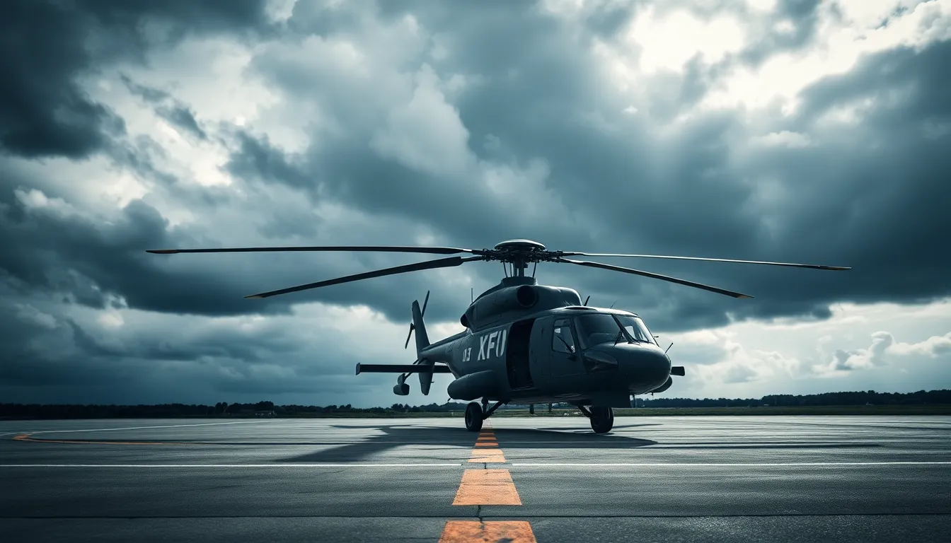 Military Helicopter Prepared for Takeoff Under Stormy Skies This image showcases a military helicopter stationed on the tarmac, poised for takeoff as dark storm clouds loom overhead. The dramatic lighting creates a powerful atmosphere, casting dynamic shadows over the helicopter’s surface. With a shallow depth of field, the helicopter stands out starkly against the moody sky, enhancing the sense of anticipation. The muted color palette reflects the foreboding weather, while the composition draws the viewer's eye towards the helicopter, capturing its readiness for action.