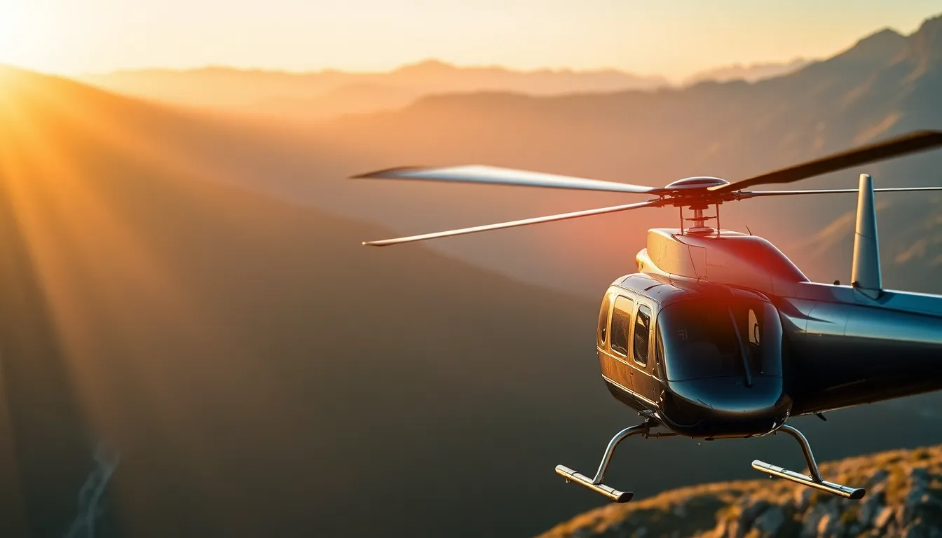 This image captures a military helicopter majestically soaring over rugged mountain peaks at dawn. The soft golden light of sunrise casts dramatic shadows across the landscape, highlighting the helicopter's powerful design. The shallow depth of field keeps the focus sharp on the aircraft while the background blurs into a painterly bokeh of earthy tones. The cinematic color grading adds a layer of visual drama, making it a striking representation of military aviation in action.