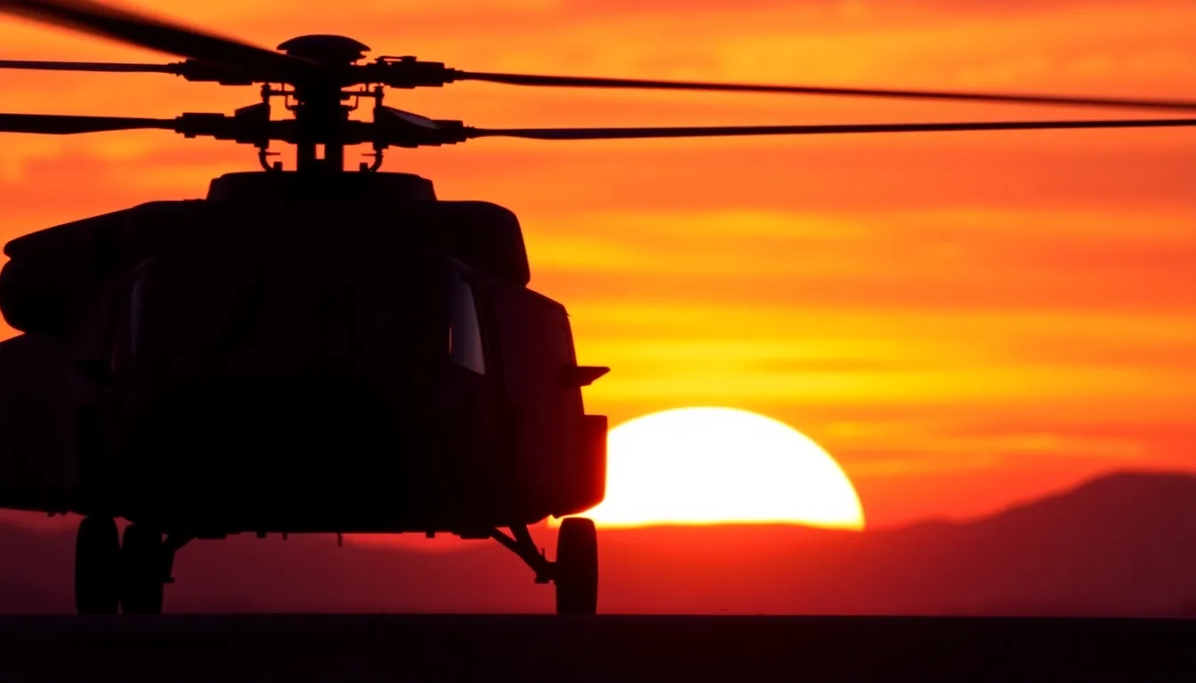 An evocative silhouette of a Black Hawk helicopter captured against a dramatic sunset sky, rich with vibrant orange and purple hues. The image showcases the helicopter's iconic design as it cuts through the beautiful, colorful backdrop. Shallow depth of field enhances focus on the aircraft while the cinematic color grading adds emotional depth, making this scene both powerful and visually stunning.