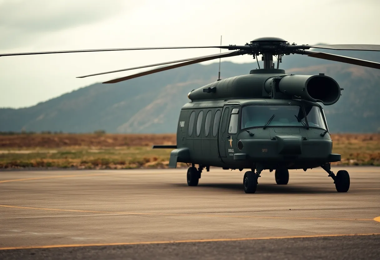 This image features a military helicopter parked on a tarmac under a soft, overcast sky, captured with sharp detail. The diffused daylight enhances the intricate designs of the aircraft while providing a somber atmosphere. The composition centers the helicopter, highlighting its sleek lines against the muted backdrop. The polished metal contrasts nicely with the rough texture of the asphalt, adding depth and realism.