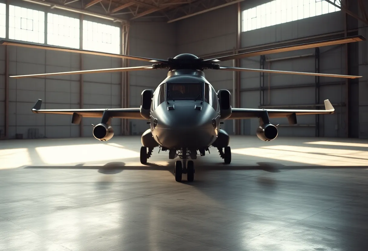 This dynamic image features a military helicopter inside a spacious hangar, illuminated by soft daylight streaming through large windows. The polished concrete floor reflects the sleek design of the helicopter, which stands in sharp focus against a blurred backdrop. Warm color tones enhance the scene, giving it a professional and inviting feel. This photo illustrates both the elegance and functionality of military machinery in an industrial environment.