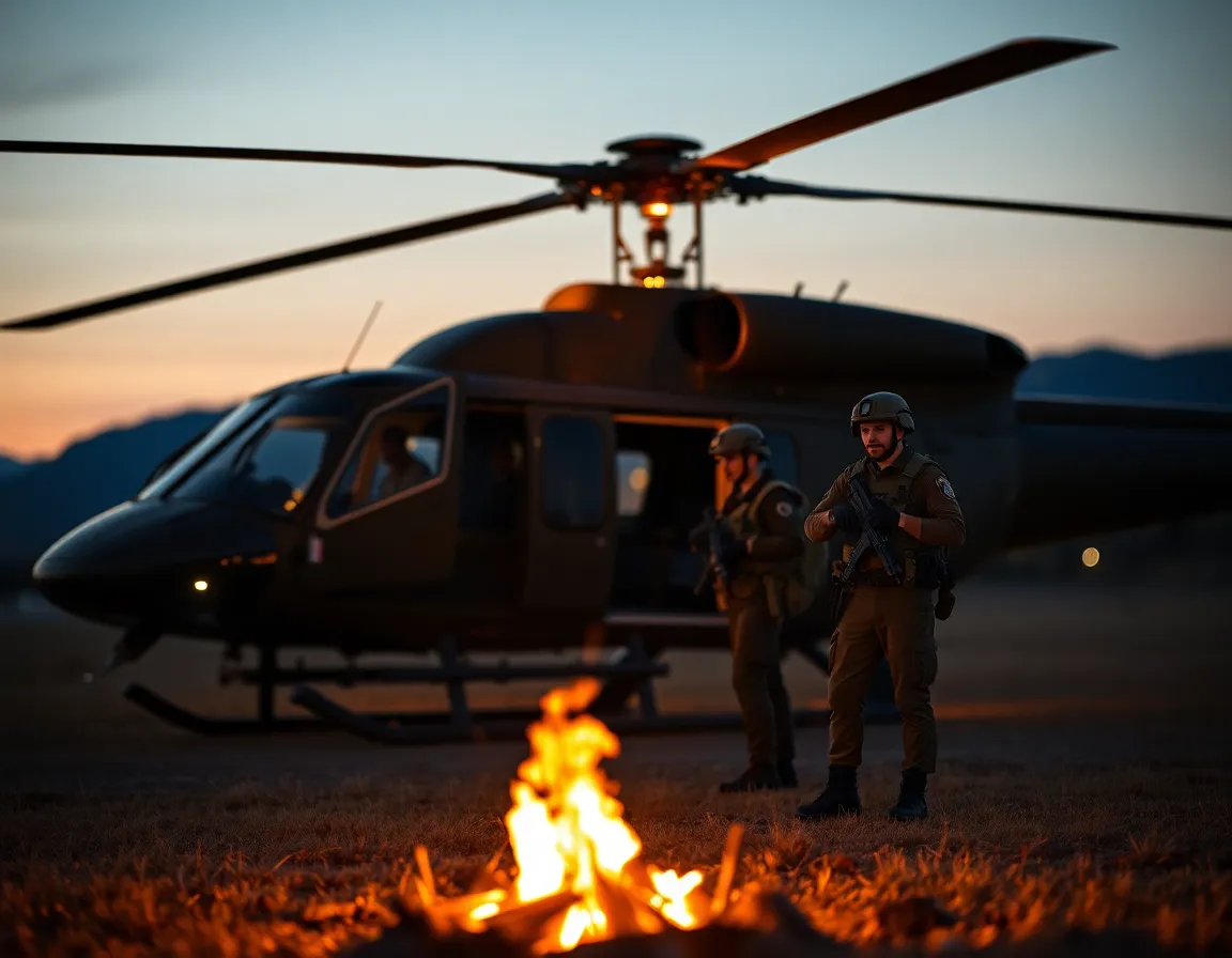 This evocative image depicts a military helicopter parked near a campfire, casting warmth and shadows on the scene. The dramatic light enhances the ruggedness of the soldiers' tactical gear, while the selective focus on the rotor blades adds depth and interest. The soft bokeh in the background creates a serene atmosphere, juxtaposing the helicopter's mechanical power with the natural setting. The warm color palette adds to the intimate mood, reminiscent of teamwork and strategy in the field.