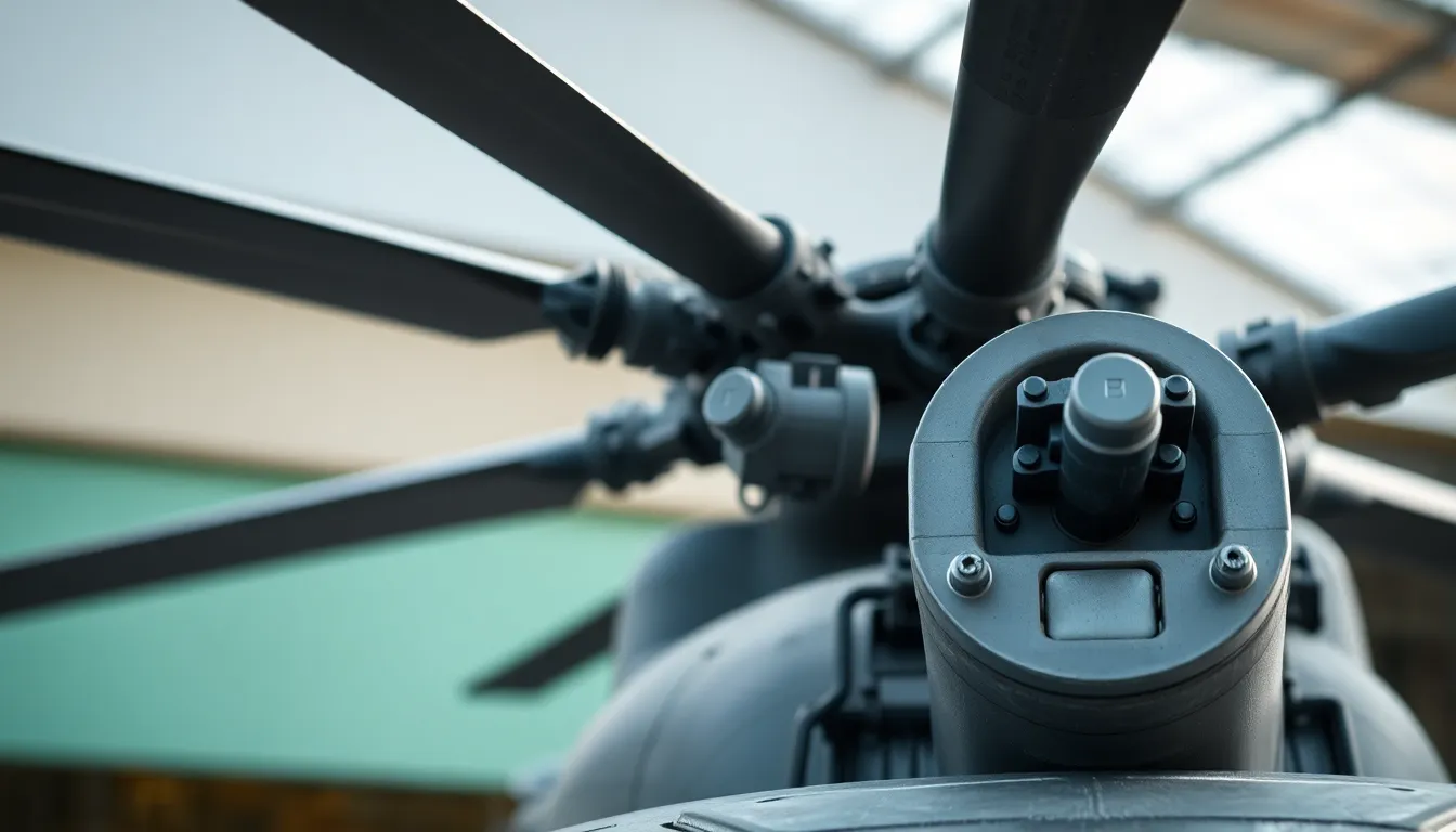 A captivating close-up of a military helicopter's rotors, revealing intricate details of the hardware in stunning clarity. Illuminated by soft diffused daylight, the metallic textures and highlights create a beautiful contrast against the blurred backdrop of a hangar. The macro perspective draws viewers into the essential components of flight, while the cool color palette adds a sense of professionalism and precision.