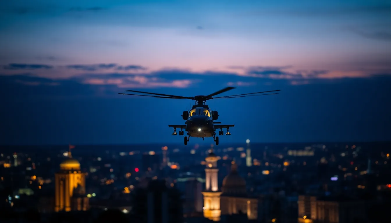 This captivating image reveals a military helicopter hovering above a cityscape at dusk. The rich twilight sky, filled with deep blues and purples, contrasts beautifully with the bright urban lights below. A shallow depth of field focuses intently on the helicopter, blurring the city background into a luminous glow. This dynamic interplay between technology and nature, captured with vivid color, creates a striking image that evokes a sense of readiness and modernity.