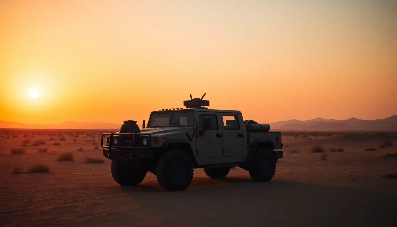 Military Vehicle in Desert Landscape at Sunset