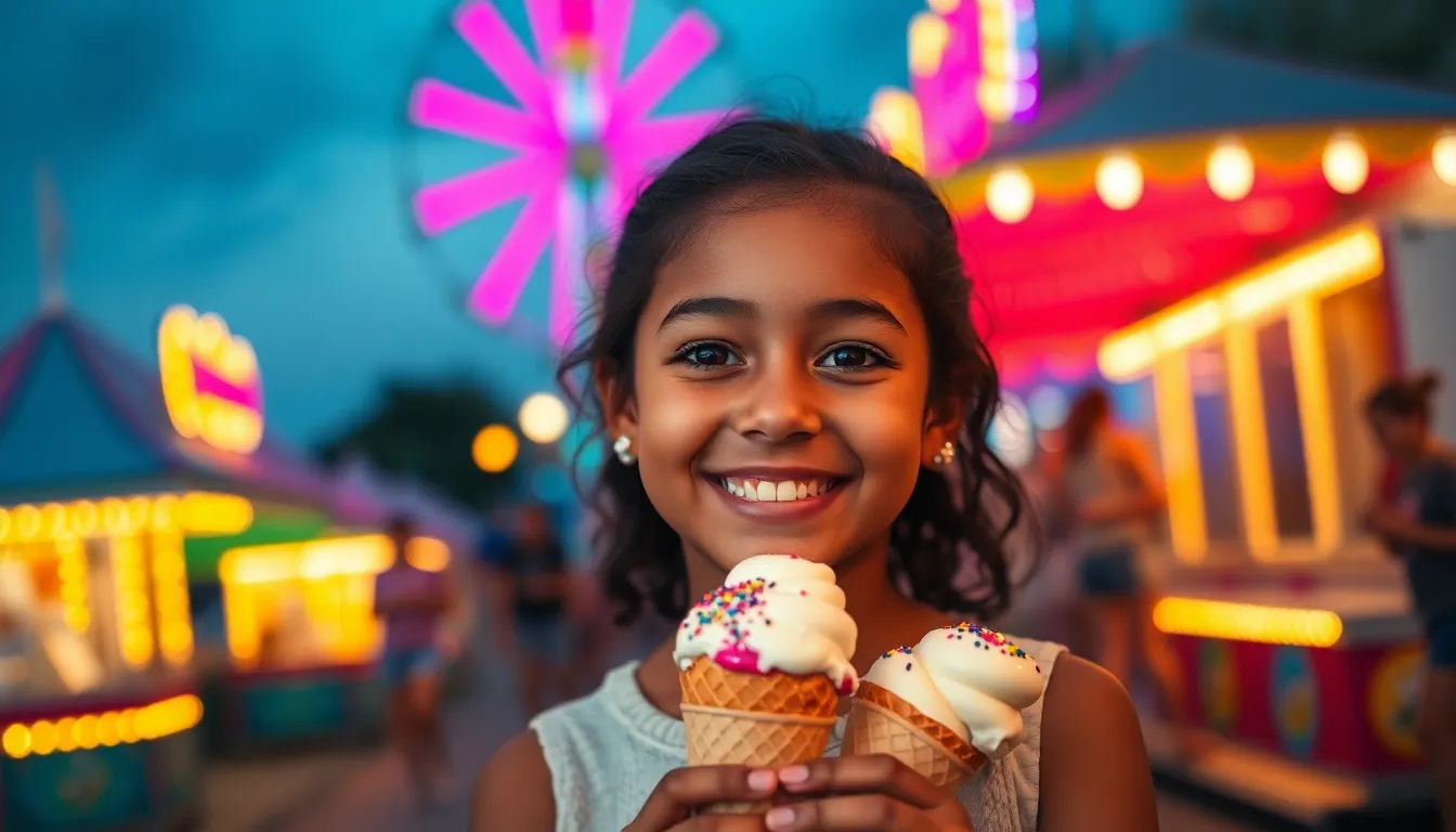 This lively image showcases a mixed race girl savoring ice cream amidst a vibrant carnival scene. The neon reflections from carnival lights illuminate her delighted face, capturing a moment of pure joy. The selective focus highlights her expression, while the blurred background filled with funfair colors adds to the festive atmosphere. The overall composition and rich color palette make this image perfect for showcasing joyful childhood experiences or summer fun.