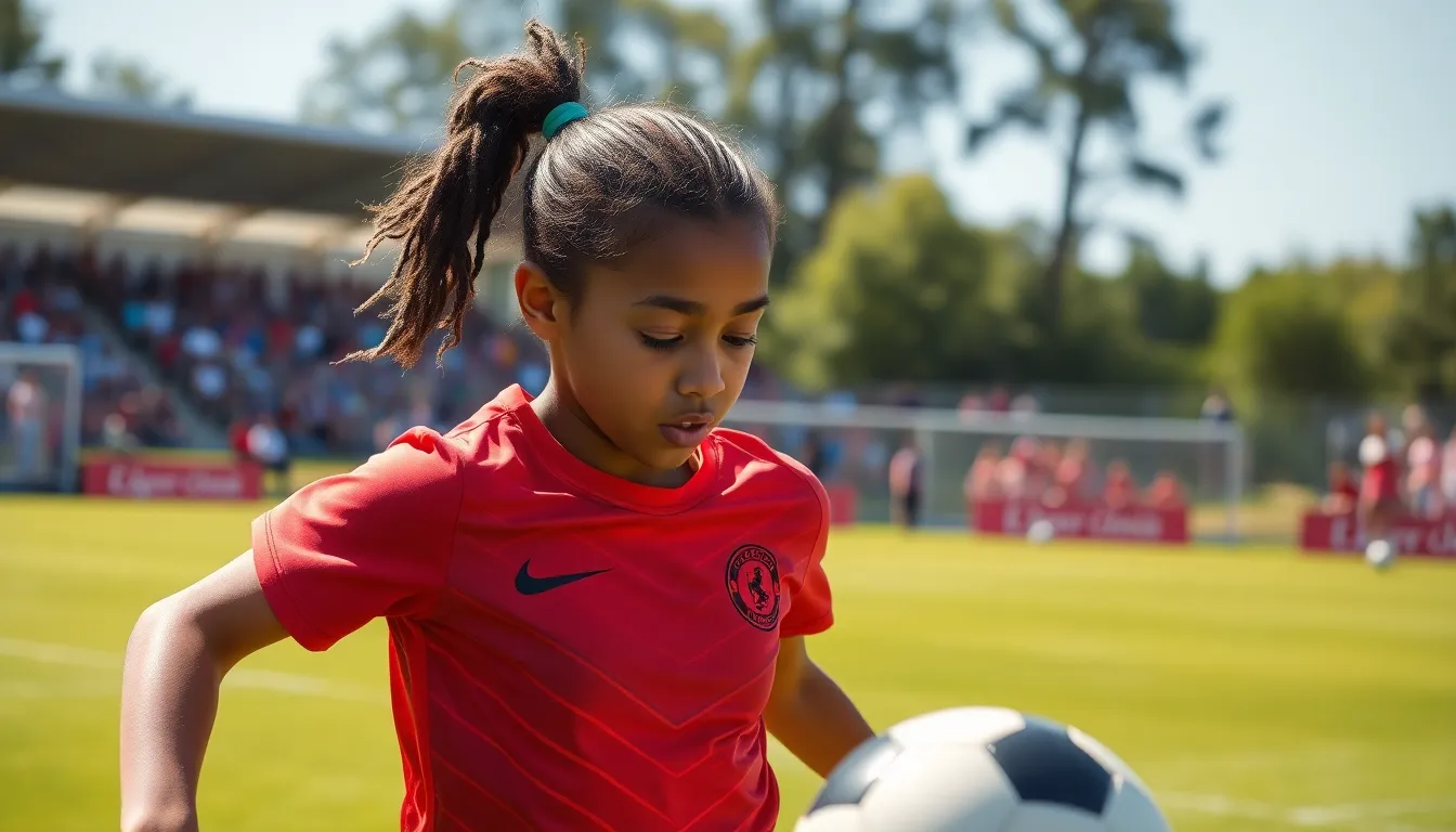 This action-packed image showcases a mixed race girl in mid-play, energetically kicking a soccer ball during a bright afternoon match. The sunlight enhances the vivid colors of her jersey and the lush green field, creating a striking contrast that draws the eye. The dynamic composition, captured with a focus on her determined expression, conveys energy and movement, making it ideal for sports-themed or active lifestyle content.