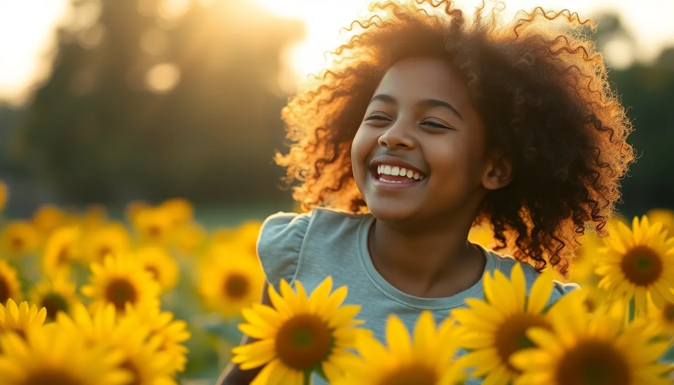 Joyful Mixed-Race Girl in Sunflower Field A mixed-race girl exudes happiness as she jumps amidst a field of bright sunflowers during golden hour. The warm sunlight accentuates her joyful expression and curly hair, creating a striking contrast with the golden petals. This scene captures the essence of carefree childhood, with rich hues and soft focus that invite viewers into a moment of pure joy. The lush sunflower backdrop adds texture and depth, enhancing the overall warmth and vibrancy of the image.