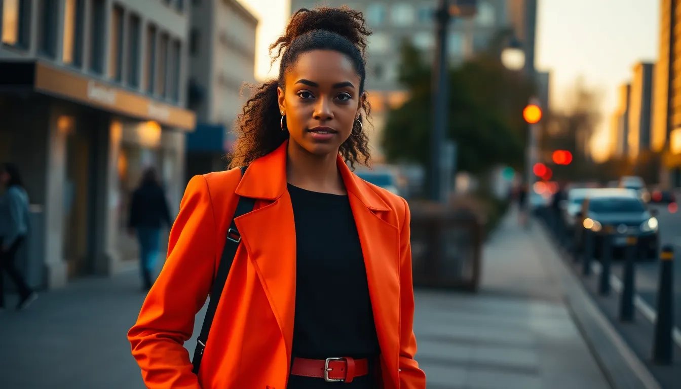 This dynamic image captures a mixed-race girl confidently walking through an urban environment as the golden hour light beautifully highlights her stylish outfit. The warm light contrasts with the vivid colors of the city, creating a vibrant and energetic atmosphere. Her confident stride and engaging expression draw the viewer's attention, emphasized by the blurred city backdrop. The composition uses leading lines, enhancing the sense of movement and life in the urban landscape.