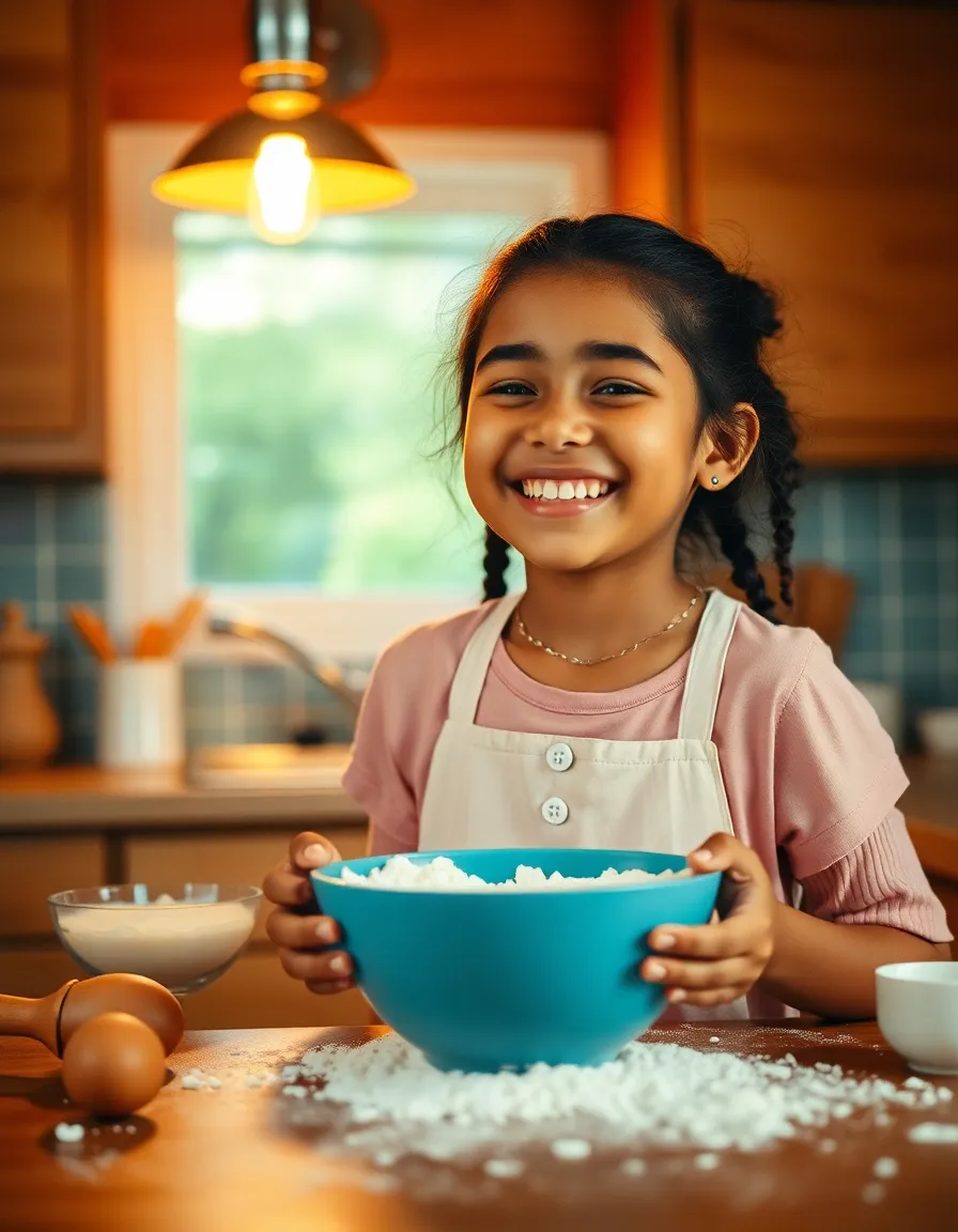 Joyful Mixed-Race Girl Baking in Kitchen In a charming kitchen filled with warmth, a mixed-race girl enthusiastically bakes, capturing the essence of home and creativity. The warm tungsten light sets a cozy atmosphere, illuminating her joyful expression as she works with flour and baking ingredients. The shallow depth of field draws focus to her face, while the soft textures of the kitchen and its tools evoke a sense of comfort. This image beautifully portrays the joy of cooking and the love that goes into home-baked treats.