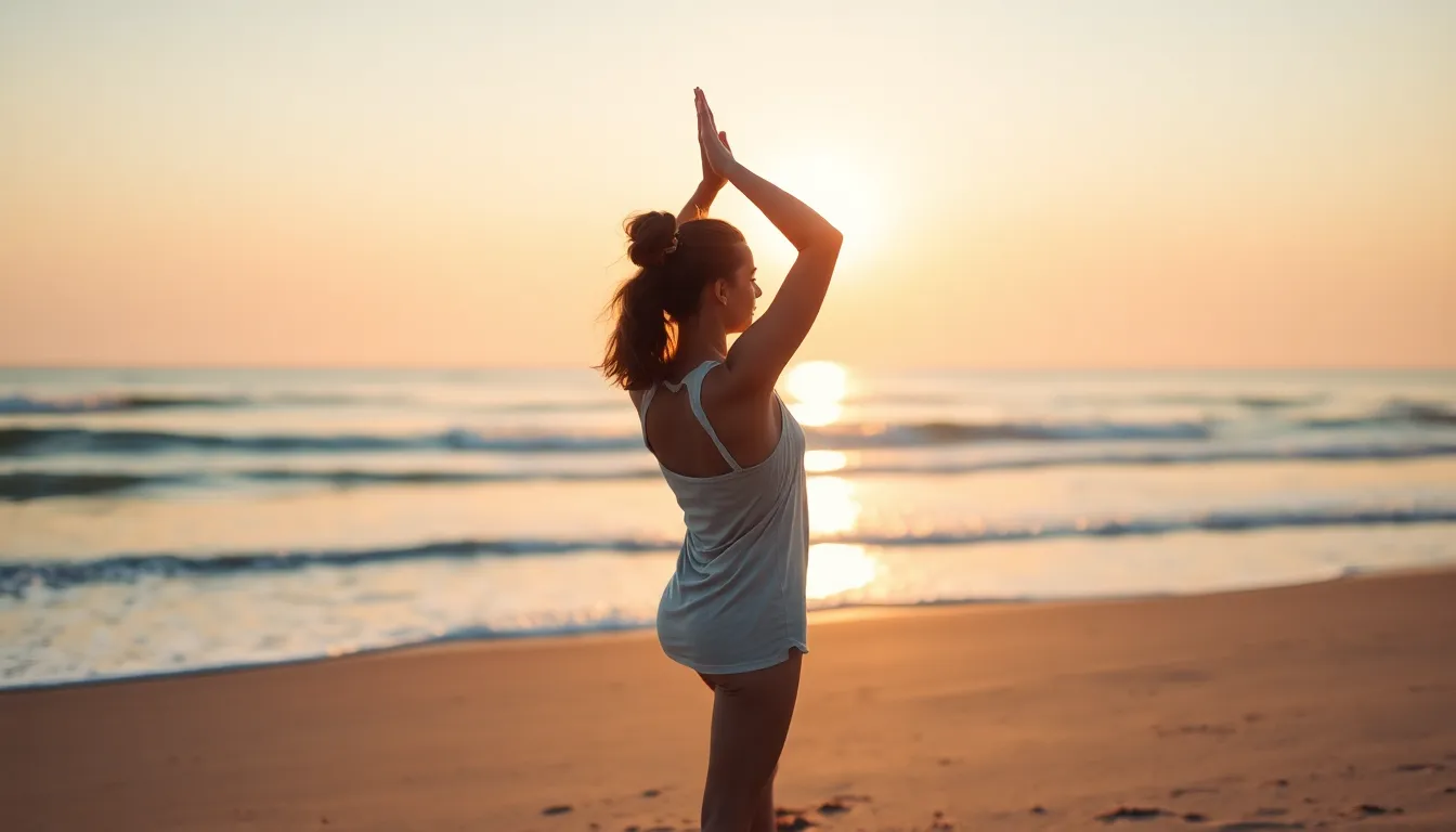 Mixed-Race Girl Practicing Yoga at Sunrise As dawn breaks over a tranquil beach, a mixed-race girl gracefully practices yoga, embodying serenity and mindfulness. The soft morning light casts a warm glow on her figure, while the gentle tides create a calming backdrop. The muted colors of the sand and sea emphasize a peaceful harmony that resonates through the image. This moment captures the essence of connection to nature, inviting viewers to find their own tranquility in the beauty of the scene.