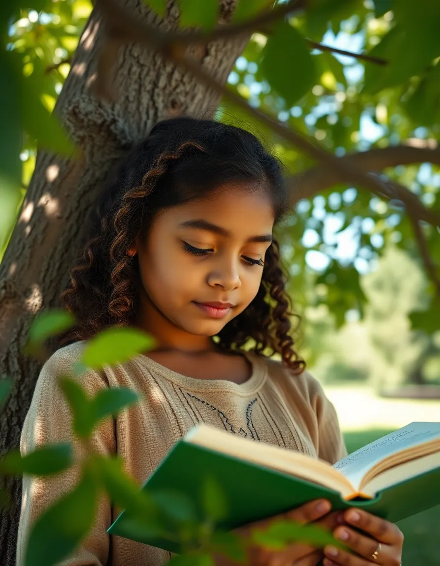 This serene image features a mixed-race girl deeply engrossed in a book while seated under a leafy tree. Dappled sunlight filters through the branches, casting gentle light and shadows around her, creating a calm atmosphere. The rich earth tones enhance the natural setting, inviting the viewer into her peaceful moment. The composition centers on her figure, framed beautifully by the branches, offering a sense of connection with nature.