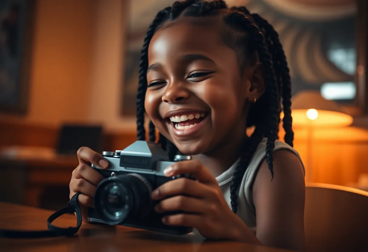 This charming image showcases a mixed-race girl with braided hair, joyfully holding a vintage camera. Warm practical lighting from a nearby lamp bathes the scene in coziness, while her bright smile radiates happiness. Rich, warm tones create an inviting atmosphere, and the composition draws the viewer’s eye towards her animated expression. The use of leading lines from the tabletop enhances the depth, making the moment feel lively and engaging.