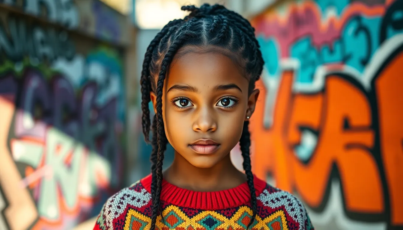 This dynamic portrait features a mixed-race girl standing confidently against a backdrop of vibrant street art. Dressed in a colorful patterned sweater, she exudes energy and style, enhanced by the warm afternoon light. The bold teal and orange tones create a striking contrast, while her bright eyes draw viewers into the urban scene.