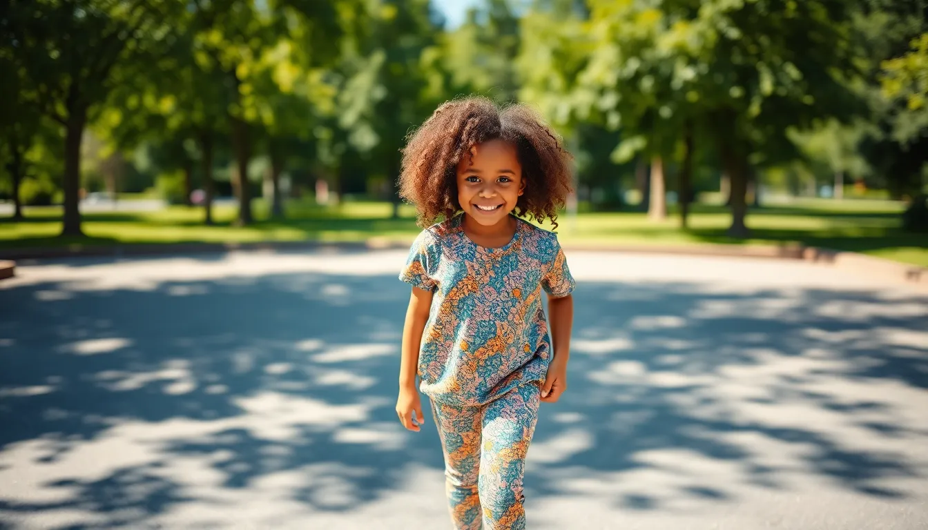 This dynamic image showcases a mixed-race girl joyfully roller skating in a sunny park. Her stylish outfit pops against the vibrant greens of the surroundings, while her radiant smile captures the exhilaration of the moment. The playful light and shadows dance around her, enhancing the lively, energetic atmosphere.