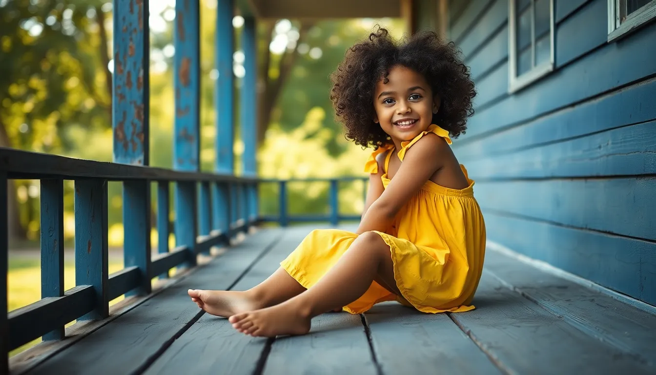 This vibrant image captures a mixed-race girl sitting on a charming vintage porch, dressed in a bright yellow sundress. The warm, diffused daylight illuminates her playful smile, while the soft greens and yellows create a cheerful summer mood. The weathered textures of the porch add character to the scene, highlighting the beauty of everyday moments.