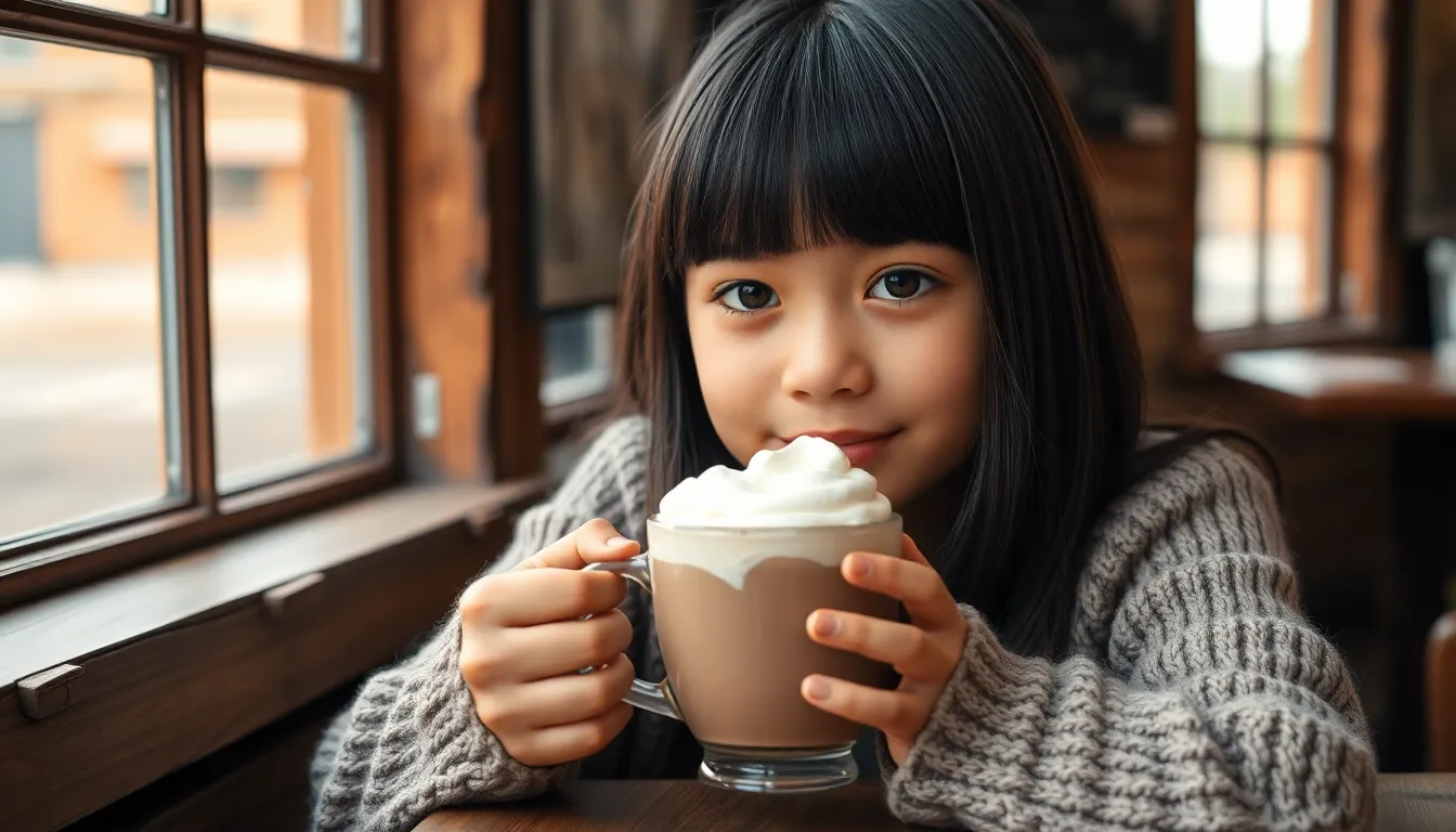 This inviting image features a mixed-race girl enjoying a hot chocolate at a rustic café. The soft daylight illuminates her warm expressions and cozy knit sweater, while the creamy beverage adds a delightful touch. The earthy tones and wood textures create an intimate atmosphere, perfect for capturing moments of comfort and relaxation.
