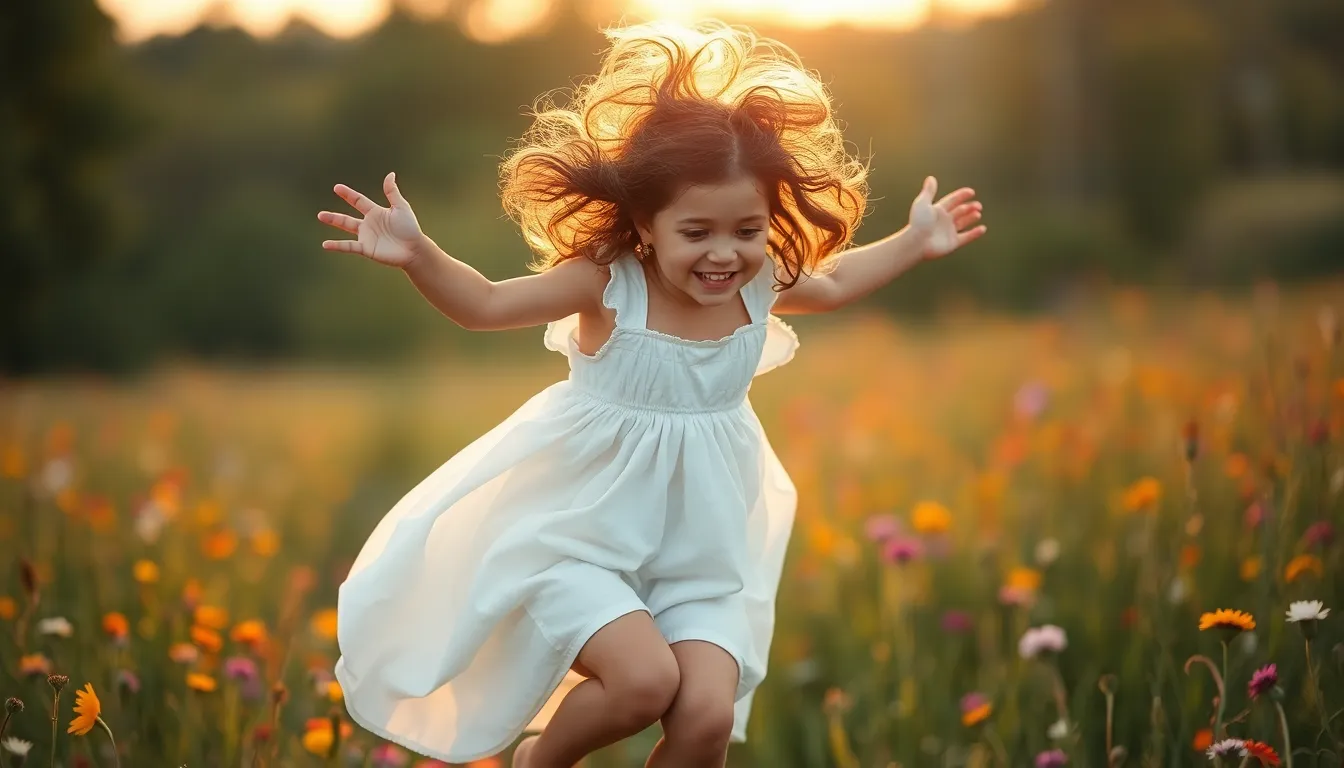 This lively image captures a mixed-race girl mid-jump in a vibrant field of wildflowers, wearing a flowing white dress. The golden hour light creates a magical halo effect around her, highlighting her playful spirit. The soft, warm tones enhance the joyous mood of the scene, inviting viewers to appreciate the beauty of nature and childhood exuberance.