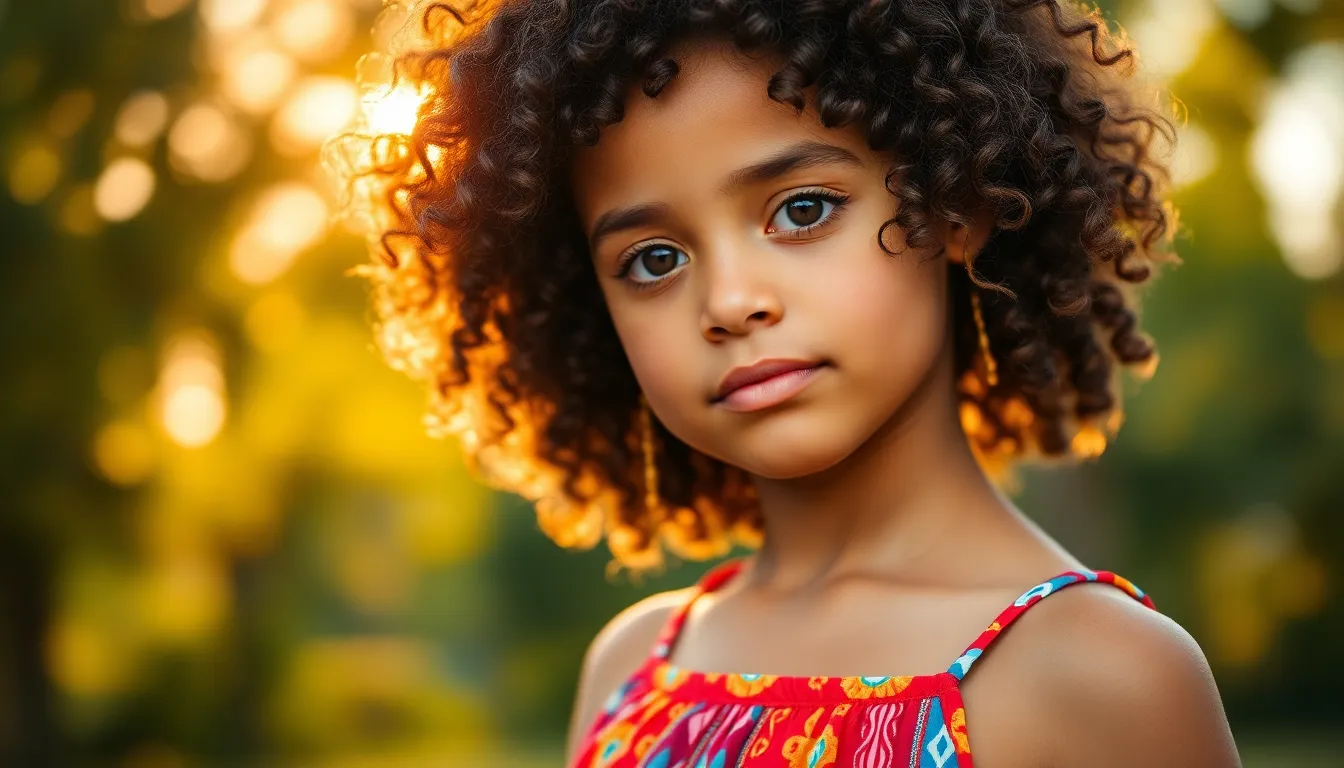 This portrait captures a mixed race girl with curly hair and a bright sundress during golden hour. The warm backlighting creates a halo effect around her, enhancing her joyful expression. The soft bokeh background, filled with dappled sunlight, adds depth and a sense of tranquility to the scene. Shot with a shallow focus, the colors are warm and inviting, perfect for showcasing her vibrant personality. This image is ideal for lifestyle or fashion contexts.