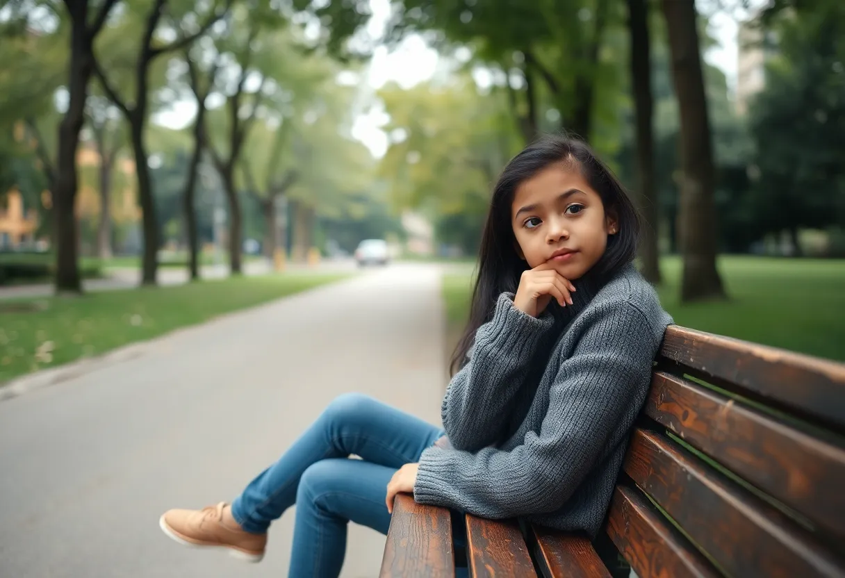 Thoughtful Mixed-Race Girl in Urban Park In a tranquil urban park setting, a mixed-race girl sits on a rustic wooden bench, appearing deep in thought. The soft, diffused light of an overcast day envelops her, creating a peaceful ambiance. Her casual attire and relaxed pose suggest introspection, while the muted colors reflect the simplicity and beauty of nature around her. The scene captures a moment of quiet contemplation, inviting viewers to ponder alongside her.