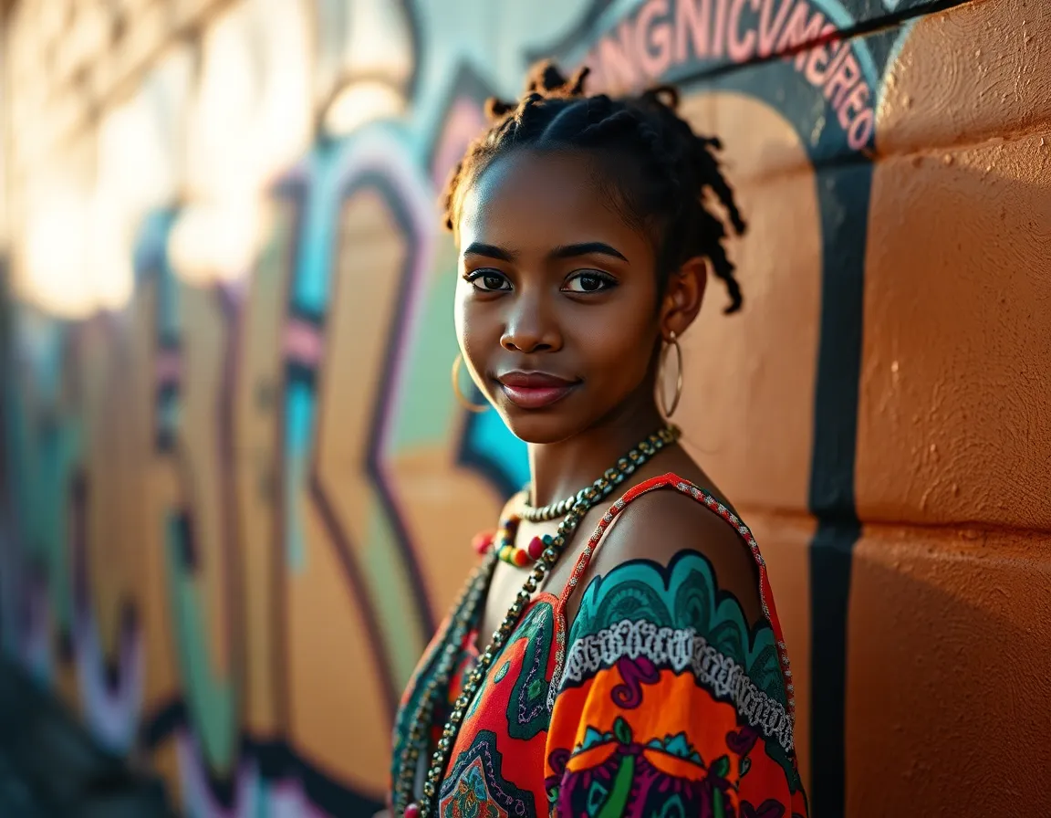 Confident Mixed-Race Girl Against Graffiti Wall This striking portrait showcases a mixed-race girl adorned in a colorful bohemian dress, confidently posed in front of a vibrant graffiti wall. The late afternoon sun creates dramatic shadows, which play beautifully against her outfit and feature her expressive face. The shallow depth of field highlights her eyes, drawing attention to her confident demeanor amidst the energetic urban backdrop. Enhanced with teal and orange tones, this image epitomizes the spirit of youthful creativity and cultural expression.