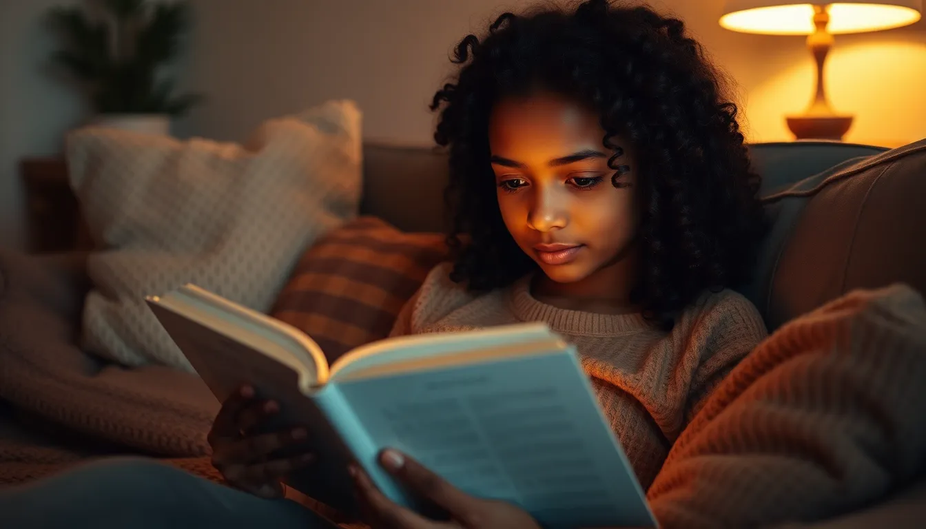 This cozy image captures a mixed race girl deeply engaged in a book while relaxing on a couch. The warm lighting from a nearby lamp creates an inviting atmosphere, accentuating her thoughtful expression. Surrounded by plush pillows and a textured throw, the image embodies a sense of comfort and tranquility, ideal for lifestyle or home décor themes. The soft focus and warm color palette invite the viewer into her peaceful moment.