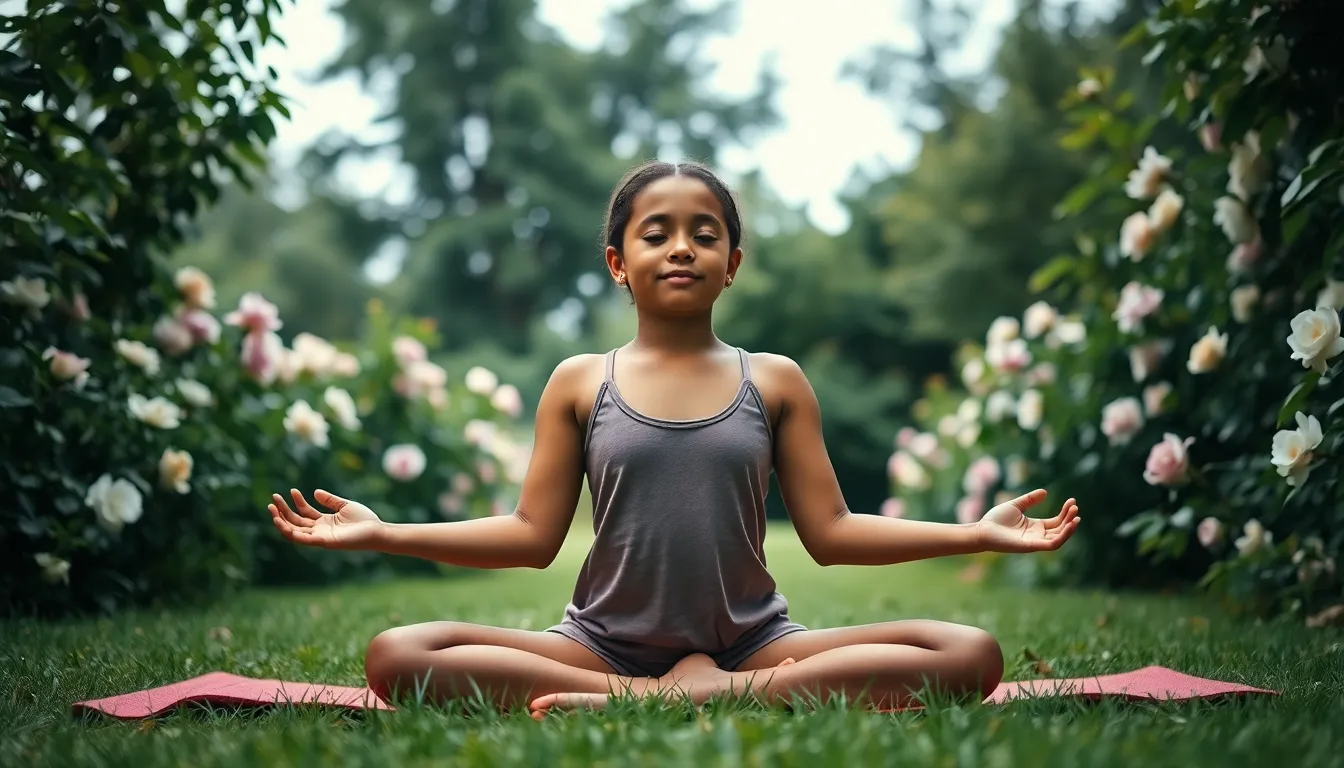 This serene image features a mixed race girl in a tranquil, meditative yoga pose within a lush garden setting. Soft, diffuse lighting enhances the natural beauty of her surroundings, creating an atmosphere of calm and introspection. The use of shallow depth of field beautifully isolates her figure, allowing the viewer to focus on her peaceful expression. Complemented by natural muted tones, this composition captures both strength and tranquility, ideal for wellness-themed content.