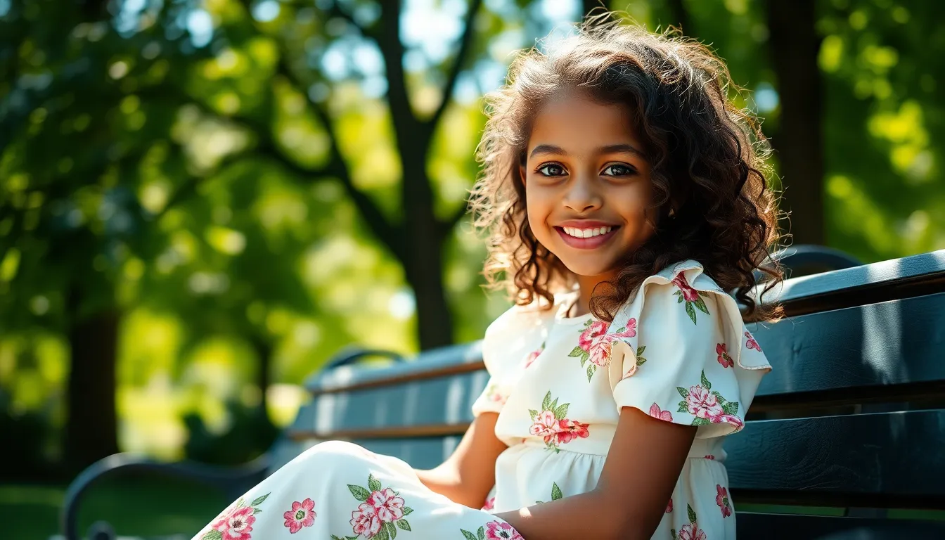 This captivating portrait features a mixed race girl on a sunlit park bench, dressed in a flowing white floral dress. Natural dappled sunlight creates a warm and inviting atmosphere, highlighting her expressive smile and natural curls. The lush greenery in the background adds depth and vibrancy, enhancing the overall mood. The composition draws attention to her, framed beautifully by the surrounding nature.