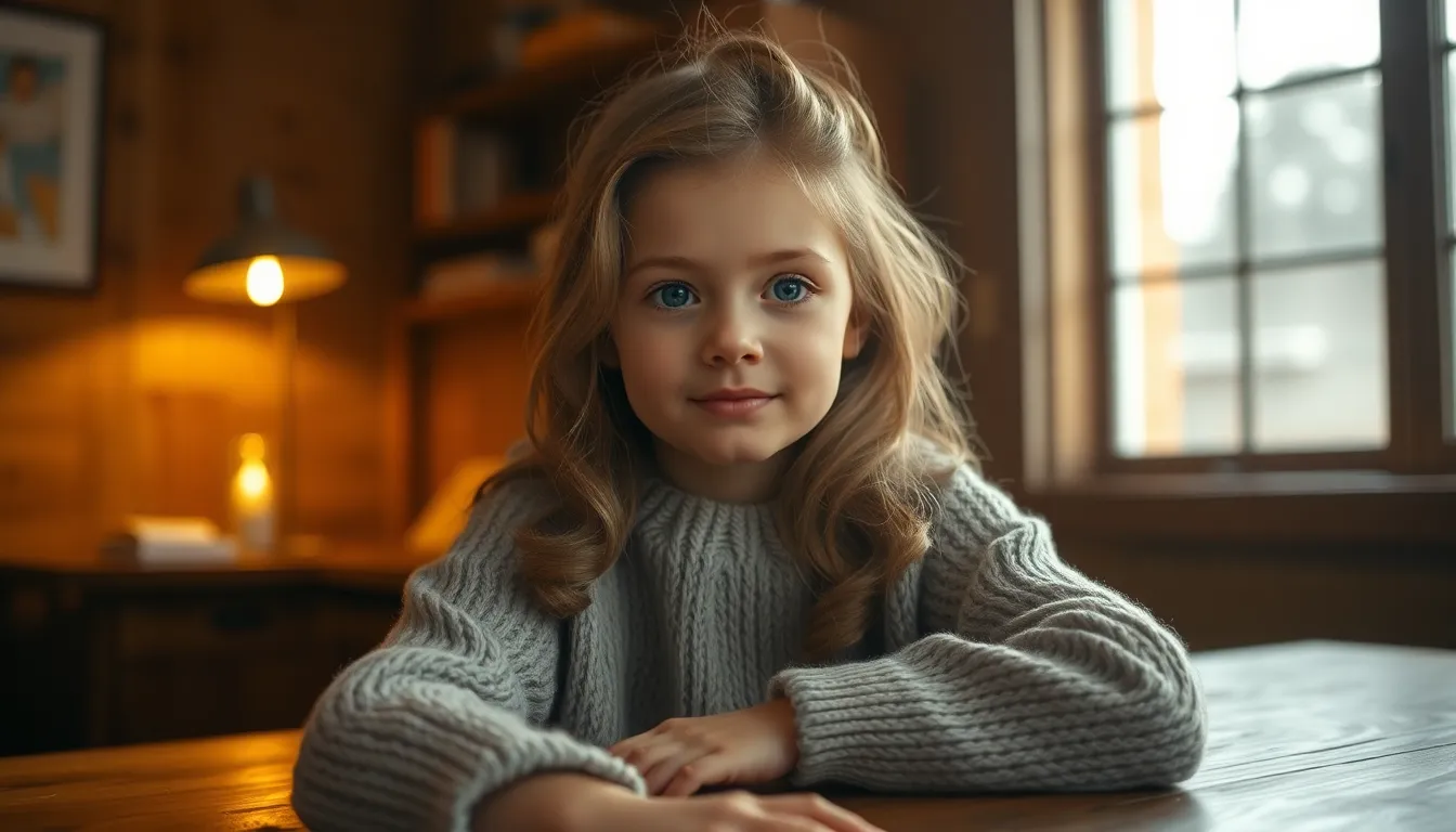 This intimate portrait features a mixed-race girl sitting at a rustic wooden table, illuminated by warm tungsten lighting. Her soft curls and cozy knitted sweater create a welcoming vibe, while the shallow depth of field draws attention to her expressive eyes and natural skin texture. This composition conveys a sense of warmth and comfort, with muted tones enhancing the serene mood.