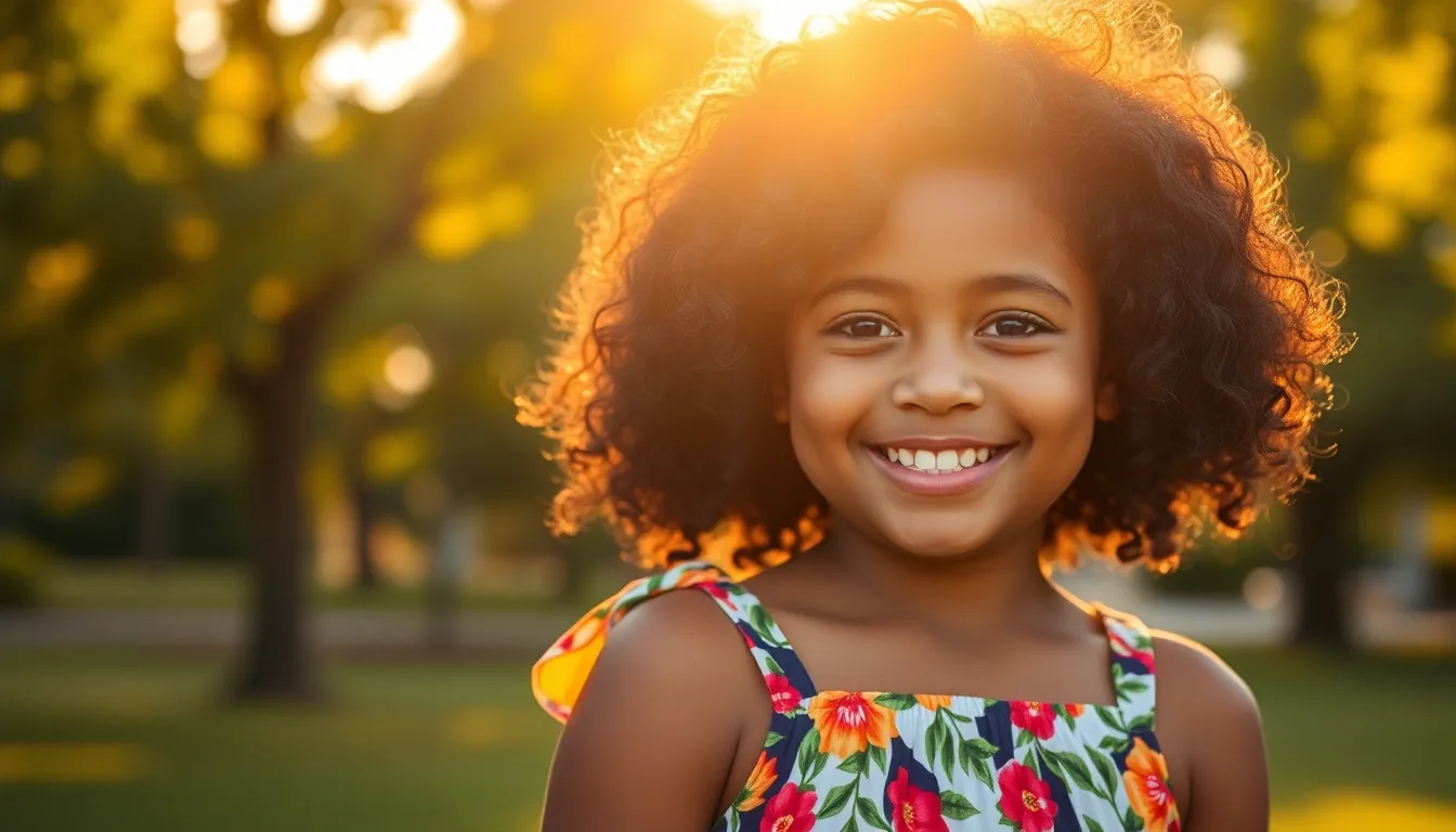 A serene indoor portrait shows a mixed race girl with a warm smile, seated comfortably on a plush chair. Sunlight filters through large windows, casting gentle illumination on her face and softening the ambiance. She wears a knitted sweater with visible textures, and the warm tones illuminate the natural beauty of her skin. The foreground features a blurred bookshelf, adding depth to the cozy setting.