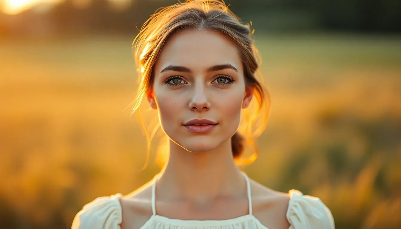 A beautifully lit portrait of a mixed-race girl during golden hour, capturing warm rim light that accentuates her features. The soft bokeh behind her creates a dreamy effect, while her linen sundress gently moves in the breeze. Her natural beauty shines through with visible skin texture and soft freckles, inviting a sense of warmth and joy. This image embodies the essence of carefree summer days.