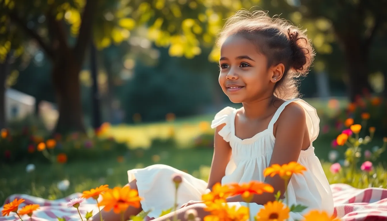 This image depicts a joyful mixed-race girl sitting on a picnic blanket in a colorful park filled with wildflowers. The sunlight filtering through the trees creates a warm, inviting atmosphere. She wears a flowing white dress, highlighting her natural beauty and skin texture. The composition, framed by vibrant greenery and flowers, captures the essence of a perfect summer day.