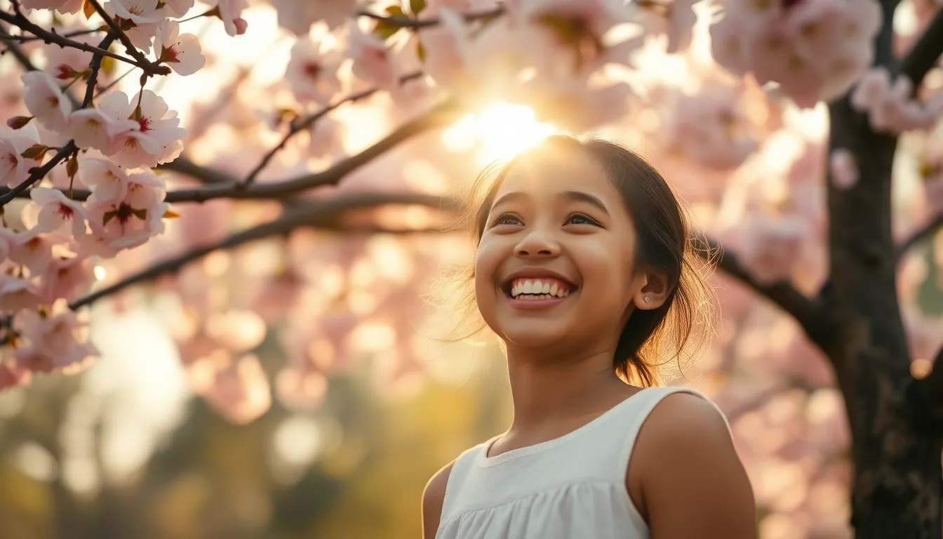 Joyful Mixed-Race Girl Under Cherry Blossoms A joyful mixed-race girl is captured laughing under a blooming cherry blossom tree during golden hour. The warm sunlight creates a magical atmosphere, enhancing her radiant smile and playful demeanor. Surrounded by a soft bokeh of blossoms, she wears a light linen dress, contrasting beautifully with the textured bark of the tree. This scene evokes feelings of happiness and springtime bliss, perfect for illustrating youth and joy.