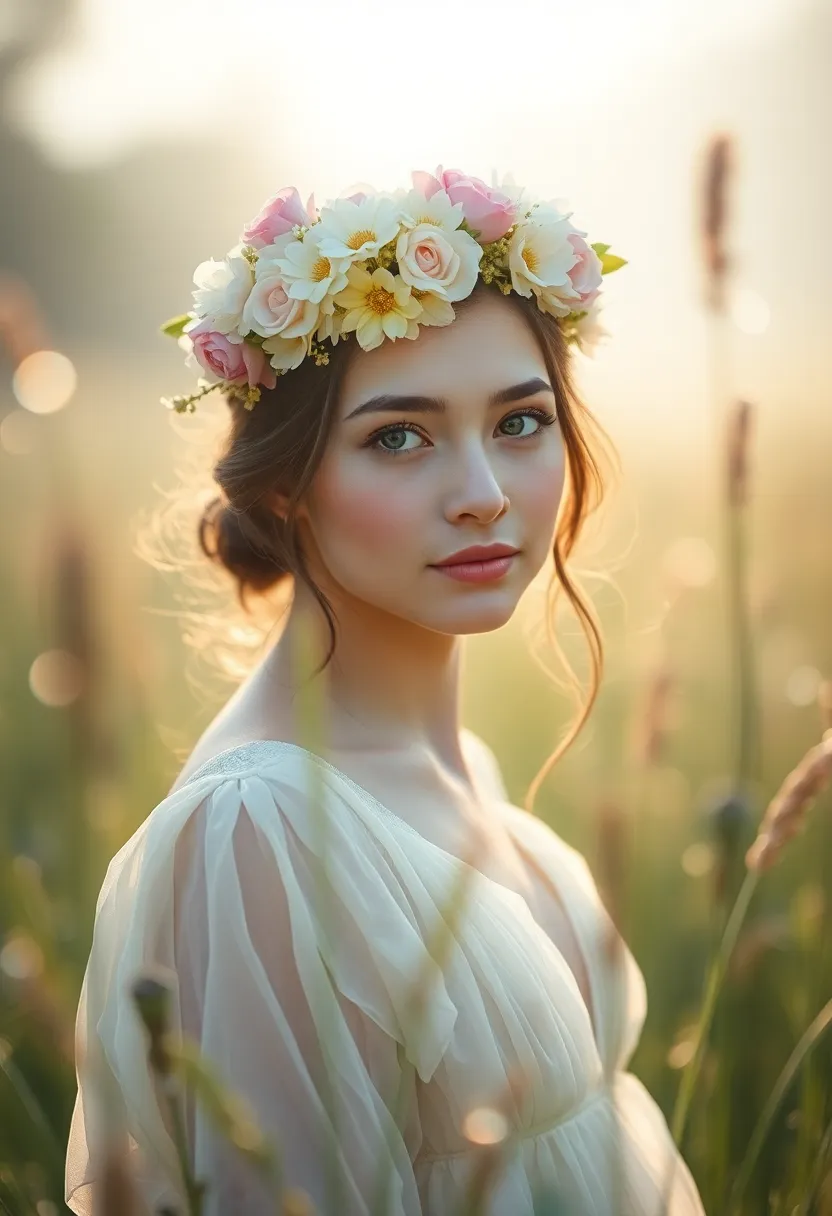A mixed race girl adorned with a delicate floral crown stands amidst fresh morning grass, light dew droplets sparkling around her. The soft morning light creates a magical atmosphere, while her flowing dress adds movement and elegance to the scene. With shallow depth of field, her serene expression is highlighted, inviting the viewer into a tranquil moment enveloped by nature. The pastel color palette enhances the peaceful, dreamy quality.