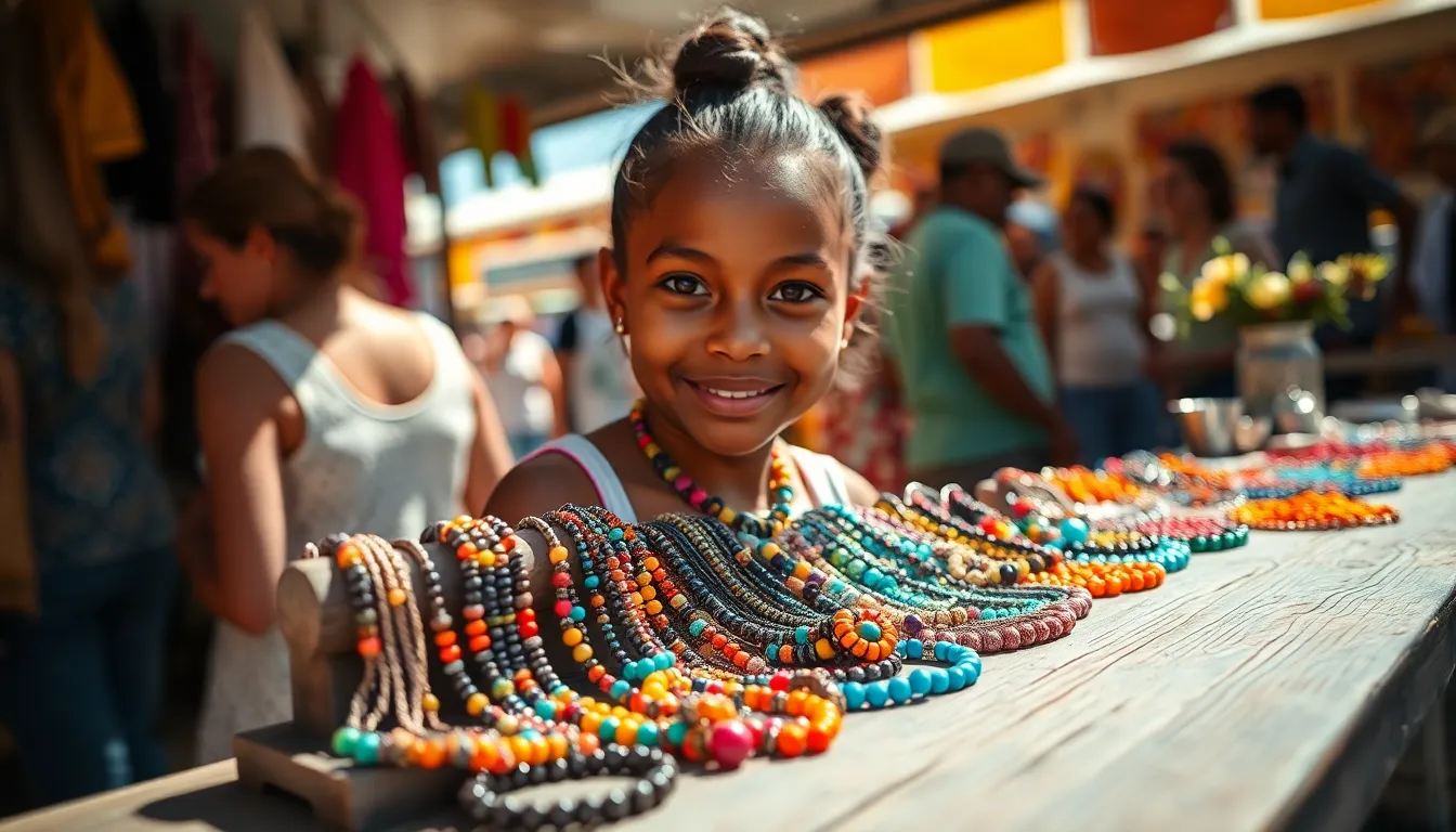 This vibrant scene captures a mixed-race girl passionately selling handmade jewelry at a lively marketplace. The bright sunlight enhances the colors of her intricate jewelry and the warm texture of the wooden table below. Her expressive face and engaging smile invite interaction with the bustling environment around her. The saturated color palette breathes life into the image, showcasing the creative spirit of the marketplace.
