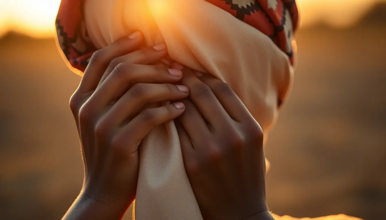 This stunning close-up image highlights a mixed-race girl’s hands as she intricately ties a traditional head wrap, illuminated by soft golden hour light. The delicate details of her skin and the fabric are brought to life with a shallow depth of field, creating an intimate and culturally rich scene. The warm tones enhance the beauty and texture of the moment.