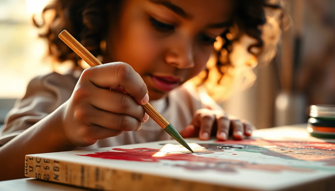 This intimate close-up image features a mixed-race girl skillfully painting on a canvas. The warm natural light filters through a window, illuminating her creative process. The focus is on her hands as they mix rich paint colors, showcasing texture and detail. The earthy tones of the art supplies enhance the scene's warmth, creating a cozy, artistic atmosphere.