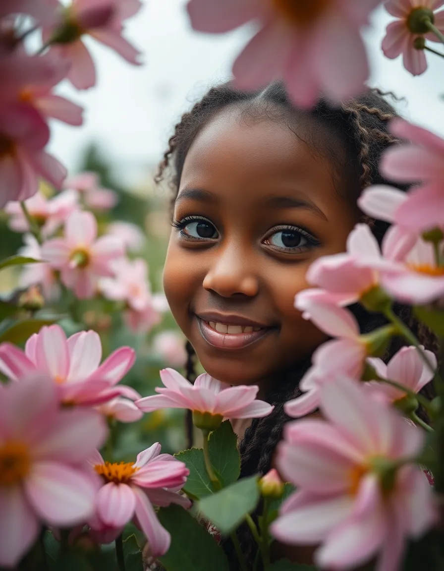 This enchanting close-up presents a mixed race girl playfully peeking through a frame of colorful flowers in full bloom. The overcast light softly envelops her, accentuating the delicate features of her face and the textures of the flowers. The muted color palette creates a dreamy atmosphere, enhancing the garden's serene beauty. Her expression is joyful, perfectly capturing the spirit of a sunny day spent surrounded by nature's vibrant hues.