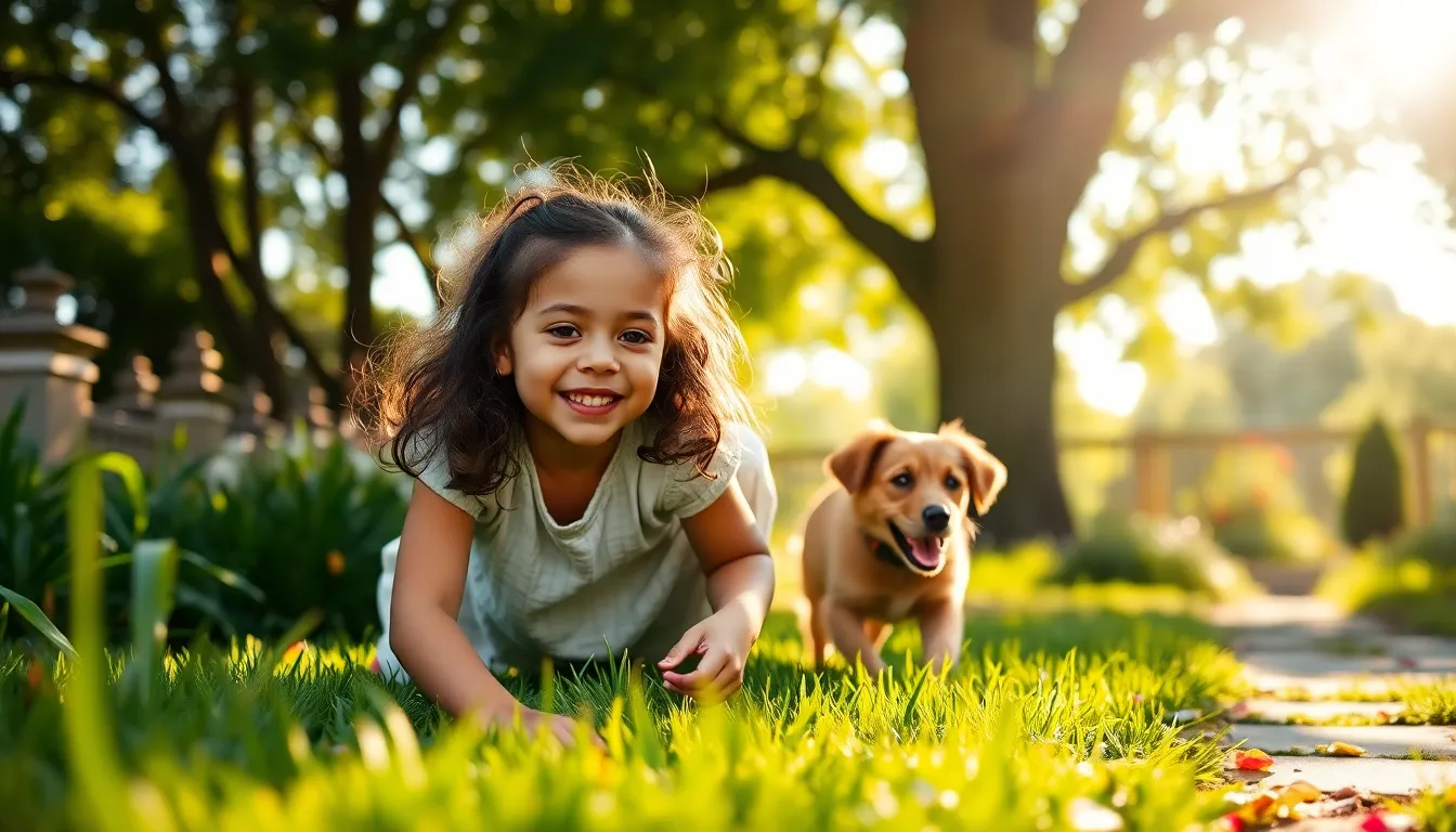 A joyful moment captured in a sun-drenched garden where a mixed-race girl plays with her dog. The dappled sunlight adds a magical quality to the scene, creating beautiful bokeh highlights in the background. The vibrant greens and warm skin tones evoke a sense of happiness and freedom, perfect for lifestyle and pet-related content. This image exemplifies the bond between children and their pets in a natural setting, enhancing feelings of joy and connection.